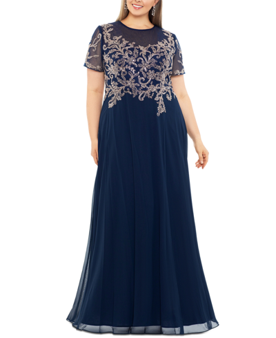 Betsy & Adam Plus Size Applique Illusion-bodice Gown In Navy Rose