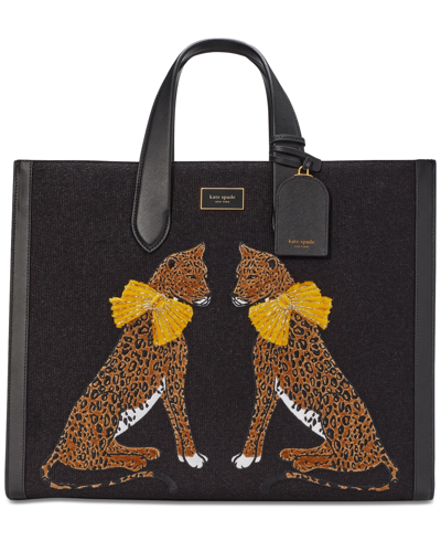 Kate Spade New York Manhattan Lady Leopard Embroidered Fabric Large Tote In Black Multi.