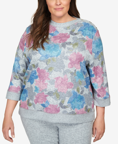 Alfred Dunner Plus Size Comfort Zone Shadow Floral Bordered Top In Multi