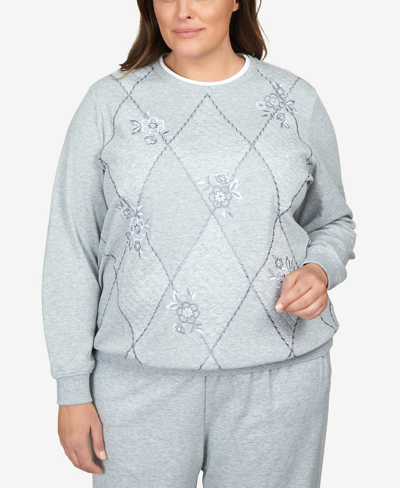 Alfred Dunner Plus Size Comfort Zone Spliced Diamond Embroidery Pull On Crew Neck Top In Gray