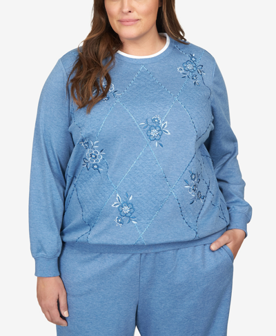 Alfred Dunner Plus Size Comfort Zone Spliced Diamond Embroidery Pull On Crew Neck Top In Wedgewood