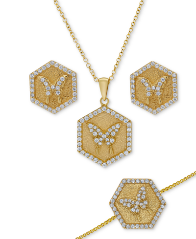 Macy's 3-pc. Set Lab-grown White Sapphire (1-1/2 Ct. T.w.) Hexagon Disc Pendant Necklace, Bolo Bracelet, & In Gold