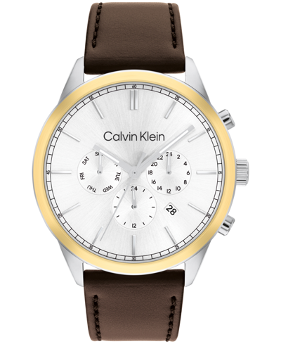 Calvin Klein Men's Multi-function Brown Leather Strap Watch 44mm