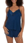 In Bloom By Jonquil Lace Trim Satin Camisole & Shorts 2-piece Pajama Set In Sapphire