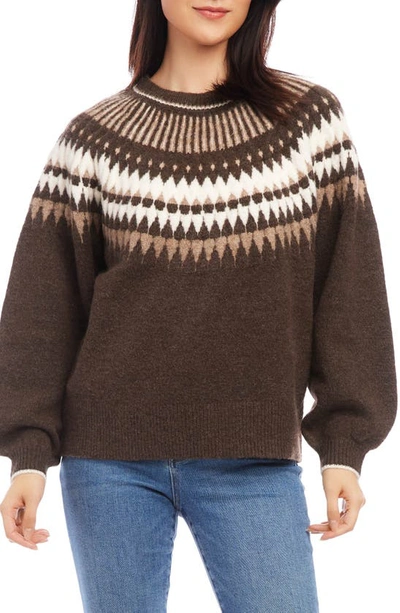 Karen Kane Jacquard Crewneck Sweater In Brown Multi Color