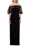 XSCAPE FLORAL APPLIQUÉ OFF THE SHOULDER VELVET GOWN