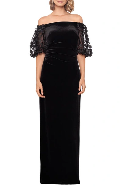 XSCAPE FLORAL APPLIQUÉ OFF THE SHOULDER VELVET GOWN