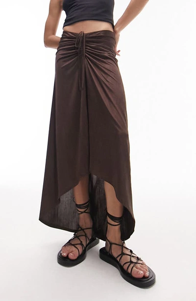 Topshop Textured Slinky Ruched Front Jersey Midi Skirt In Chocolate-brown In Pink