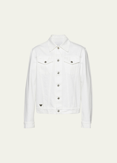 Prada Men's Bull Denim Blouson Jacket In White