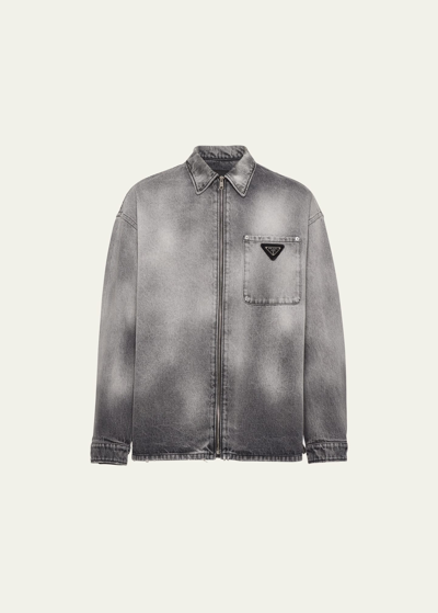Prada Men's Denim Full-zip Shirt With Triangle Logo In Grey