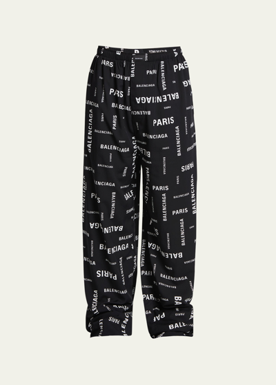 Balenciaga Logo-print Wide-leg Cotton Trousers In Black