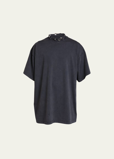 Balenciaga Men's Pierced Jersey T-shirt With Metal Ornaments In Noir