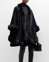 Sofia Cashmere Cashmere Cape With Faux Fur Trim In Navy