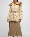 MONCLER LORIOT BELTED PUFFER JACKET WITH REMOVABLE FAUX FUR RUFF