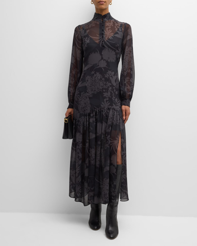 Akris Silk Georgette Abraham Printed Gown In Charcoal Black