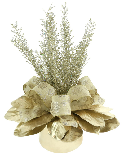 Creative Displays Gold Holiday Arrangement With Magnolia Leaves & Bows In A Glass Vase
