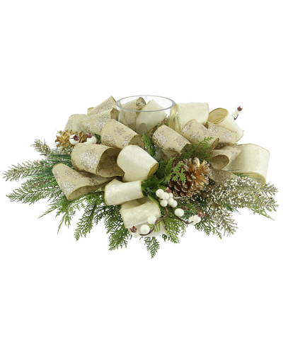 Creative Displays Holiday Candle Holder With Evergreens, Berries And Cream Bows In Gold