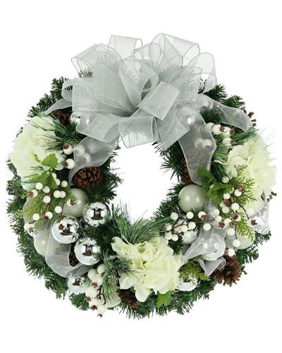 Creative Displays 26in Holiday Wreath With White Hydrangeas, Berries And Silver Ornaments