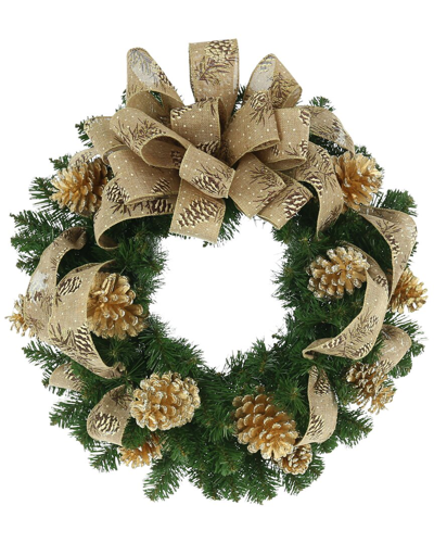 Creative Displays 26in Holiday Wreath With Pinecones And Gold Pinecone Printed Bow In Beige