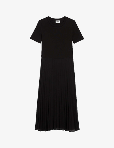 Claudie Pierlot Womens Noir / Gris Telistaff Pleated Cotton T-shirt Dress