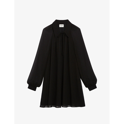 Claudie Pierlot Womens Noir / Gris Resty Tie-collar Sheer-sleeve Woven Mini Dress
