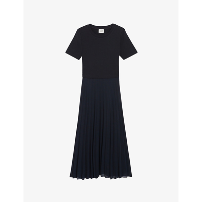 Claudie Pierlot Womens Bleus Telistaff Pleated Cotton T-shirt Dress