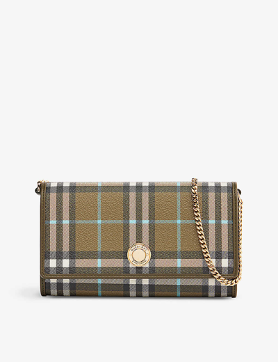 Burberry Hannah Check Coated Canvas Wallet On A Chain In Olive Green
