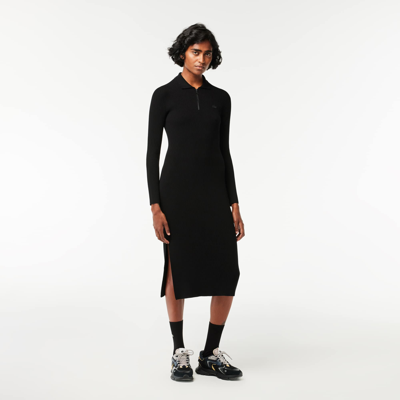 Lacoste Women's Long Seamless Knit Ribbed Polo Dress - 36 In Black