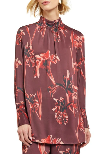 Misook Floral Gathered Mock Neck Crepe Blouse In Neutral