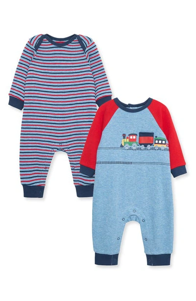 Little Me Babies' Assorted 2-pack Train Stripe Cotton Coveralls In Blue