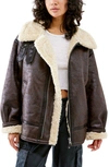Iets Frans Faux Leather Longline Aviator Jacket In Chocolate