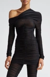 KNWLS OFF THE SHOULDER LONG SLEEVE RUCHED MESH MINIDRESS