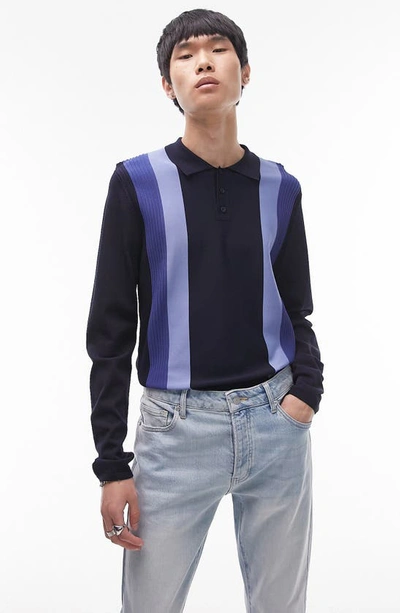 Topman Long Sleeve Rib Stripe Polo In Navy