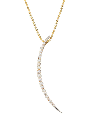 Renee Lewis Women's Two-tone 18k Gold, Natural Pearl & 1 Tcw Diamond Crescent Moon Pendant Necklace In Yellow Gold