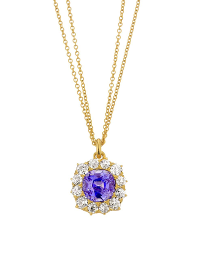 Renee Lewis Women's 18k Yellow Gold, Ceylon Sapphire & 2 Tcw Diamond Halo Pendant Necklace