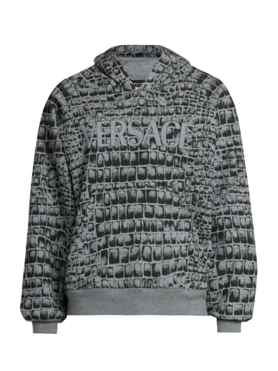 Versace Men's Crocodile Logo Hoodie In Medium Grey
