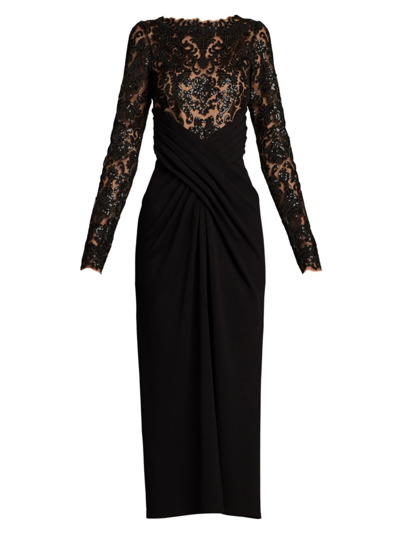Tadashi Shoji Pleated Sequin Illusion Crepe Midi Dress In Multi | ModeSens
