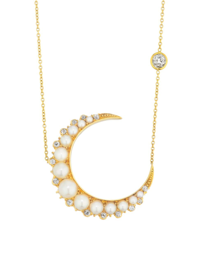 Renee Lewis Women's 18k Yellow Gold, Natural Pearl & 0.5 Tcw Diamond Crescent Moon Pendant Necklace