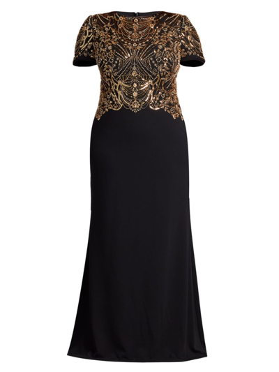 Tadashi Shoji Plus Size Bead & Sequin A-line Crepe Gown In Gold/black