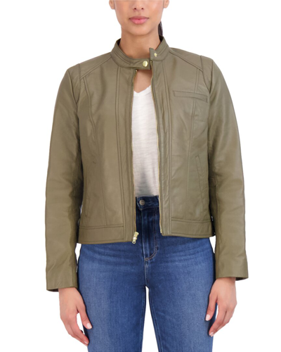 Cole Haan Leather Zip Front Jacket In Green