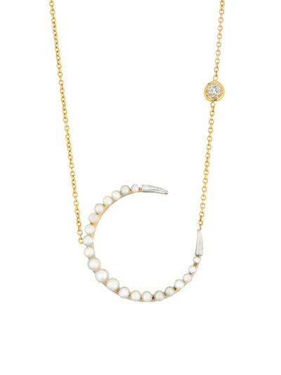 Renee Lewis Women's 18k Yellow Gold, Natural Pearl & 0.2 Tcw Diamond Crescent Moon Pendant Necklace In Yellowgold