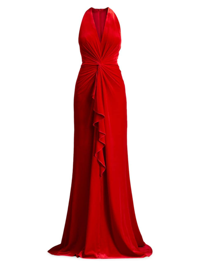 Tadashi Shoji Sleeveless Twist-front Ruffle Velvet Gown In Geranium