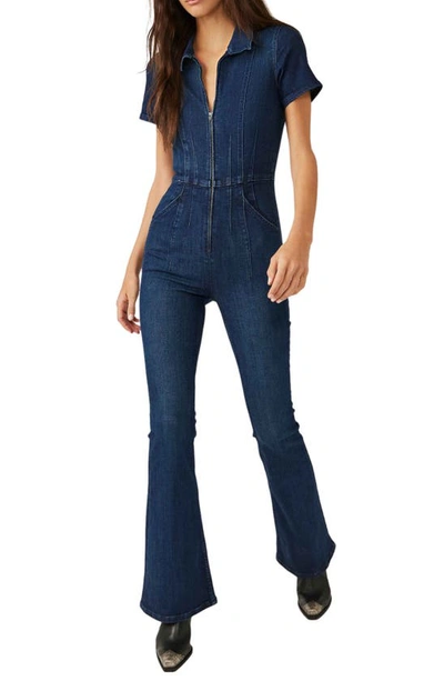 Free People Jayde Denim Flared Jumpsuit In Blue