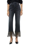 Alice And Olivia Crystal-embellished Fringed Cropped Jeans In Maya Charcoal Black