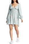 Roxy Sweetest Shores Floral Long Sleeve Babydoll Dress In Blue Surf