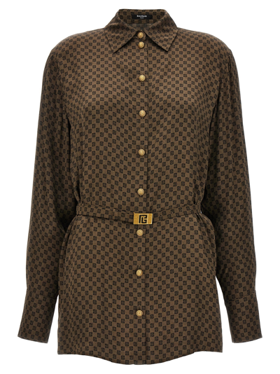 Balmain Silk Shirt With A Mini Monogram Print In Brown