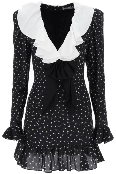 Alessandra Rich Bow-detailed Ruffled Floral-print Silk Mini Dress In Black