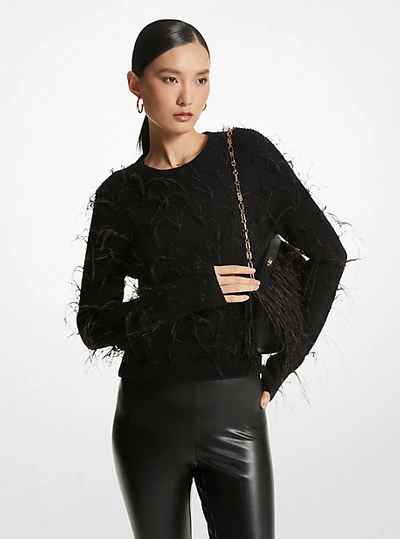 Michael Kors Feather Embellished Merino Wool Blend Cropped Sweater In Black