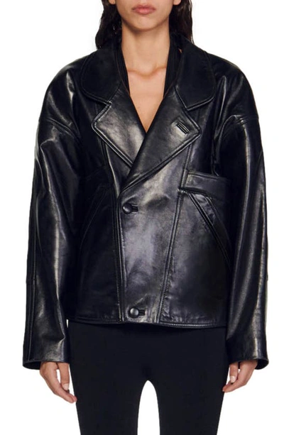 Sandro Clem Leather Jacket In Noir / Gris