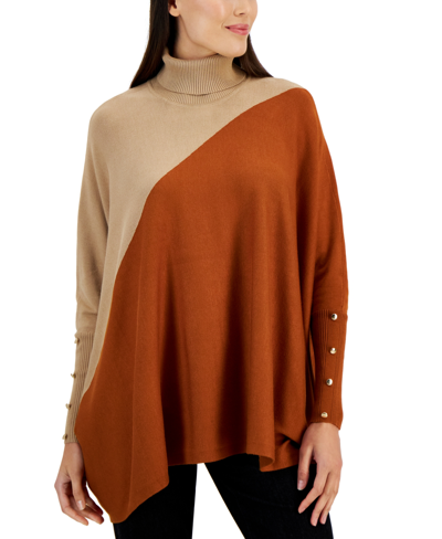 Jm Collection Women's Colorblocked Relaxed Poncho Turtleneck Sweater, Created For Macy's In Caramel Cafe Combo